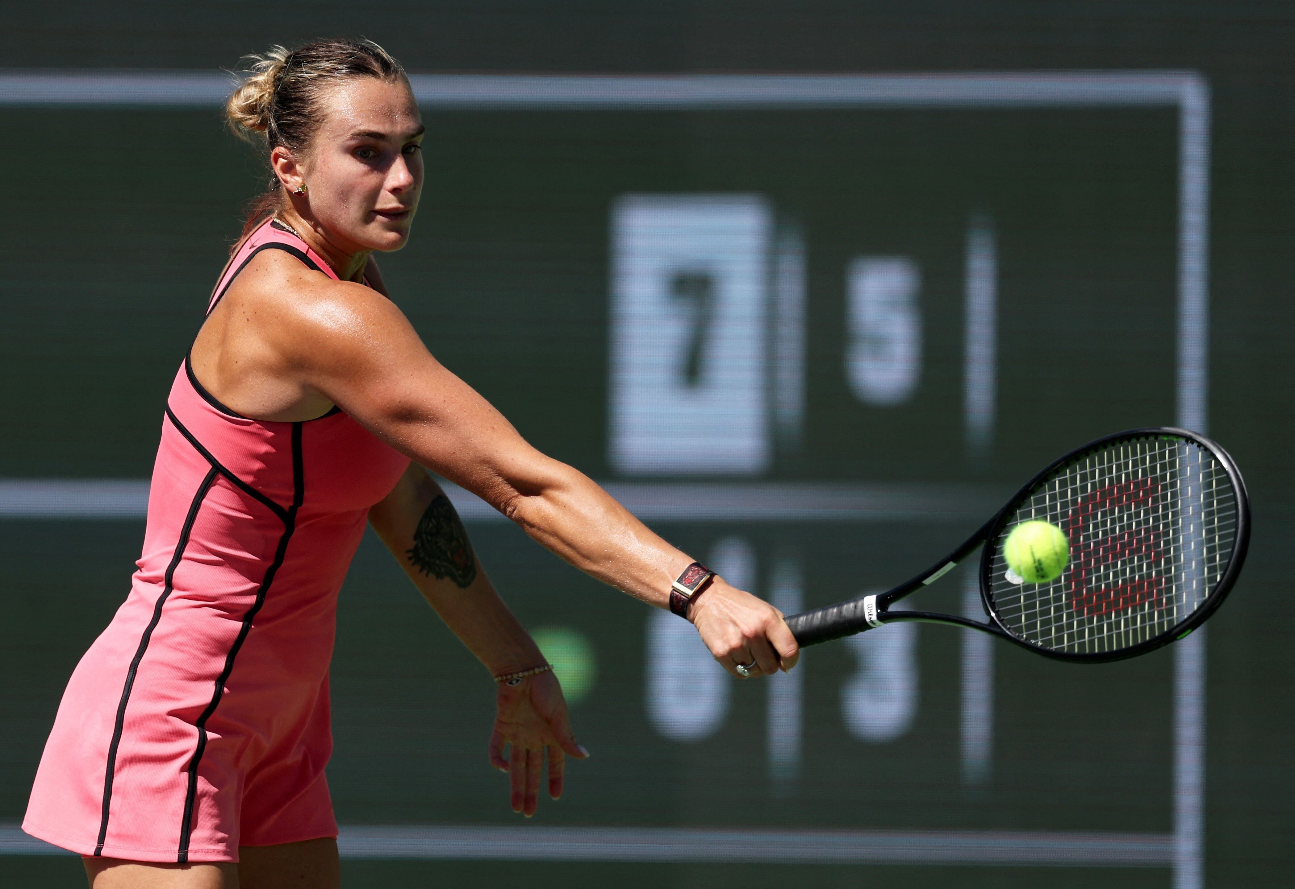 Aryna Sabalenka durante el duelo con Victoria Mboko en cuartos de Indian Wells
