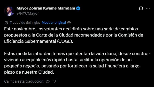 El alcalde Zohran Mamdani impulsó en sus redes sociales las propuestas de enmienda a la Carta de la Ciudad