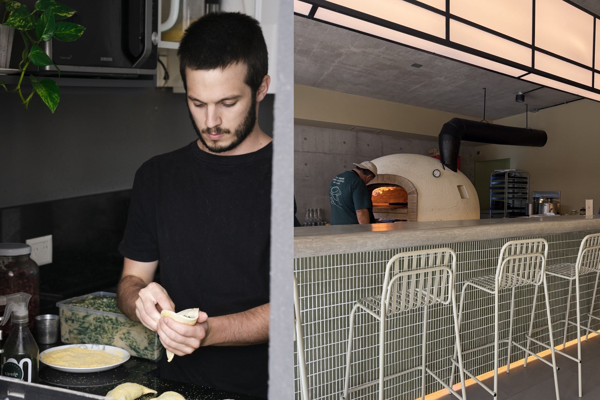 El antes, Santiago en la cocina de su casa, y el después en su local