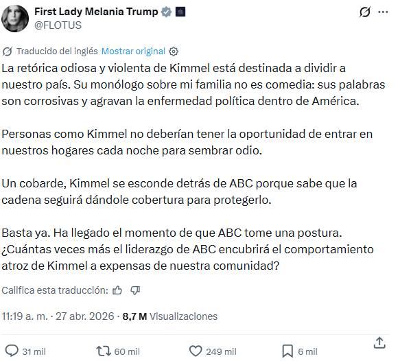 Melania Trump reclamó que ABC cancele el programa de Jimmy Kimmel
