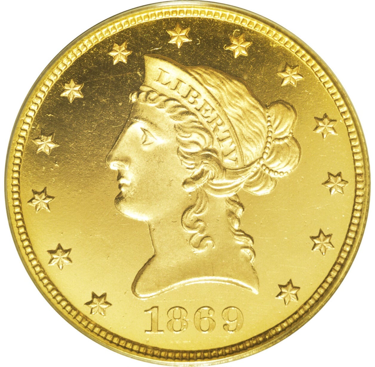 La moneda proof de US$10 de 1869 es extremadamente rara