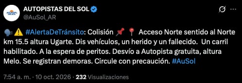 La publicación de la empresa sobre el accidente - AuSol