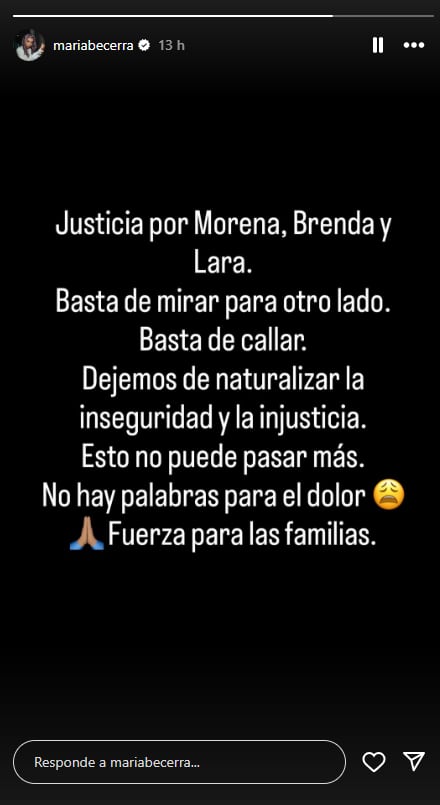 El dolor de María Becerra por el triple crimen en Florencio Varela (Captura: Instagram @mariabecerra)