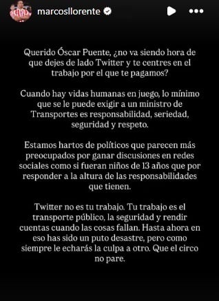 El posteo de Marcos Llorente contra el ministro de Transporte de España