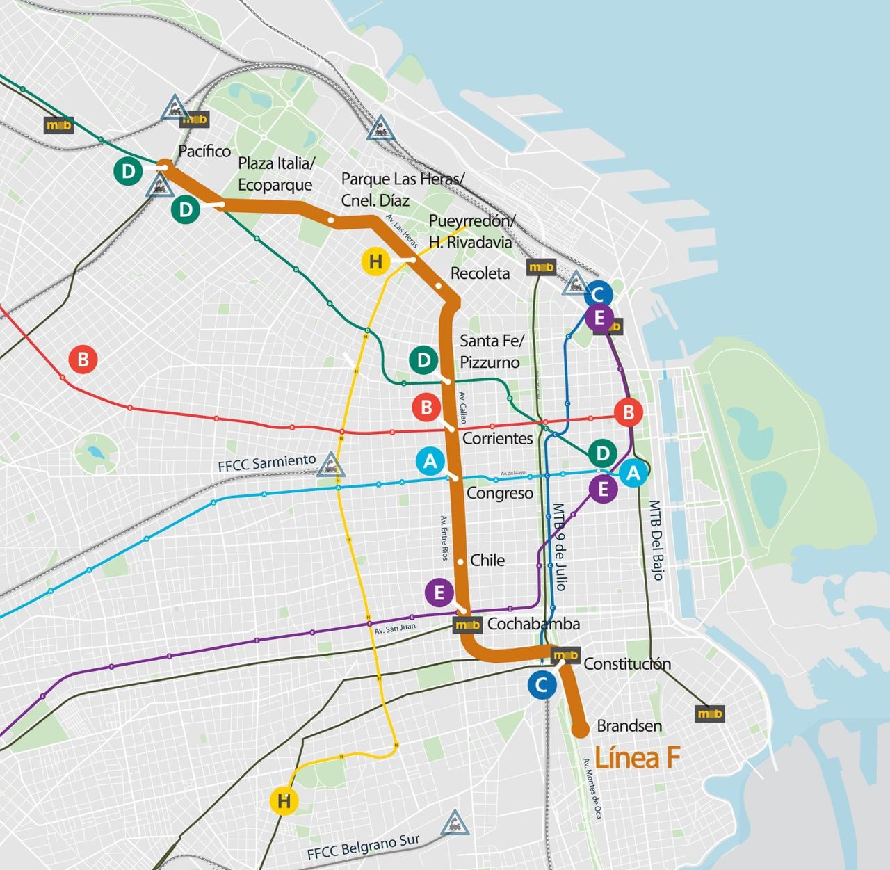 Luz verde para la Línea F: cuándo arranca la obra, estaciones y recorrido del subte que conectará el sur y el norte de la Ciudad 5 El mapa de lo que será la Línea F