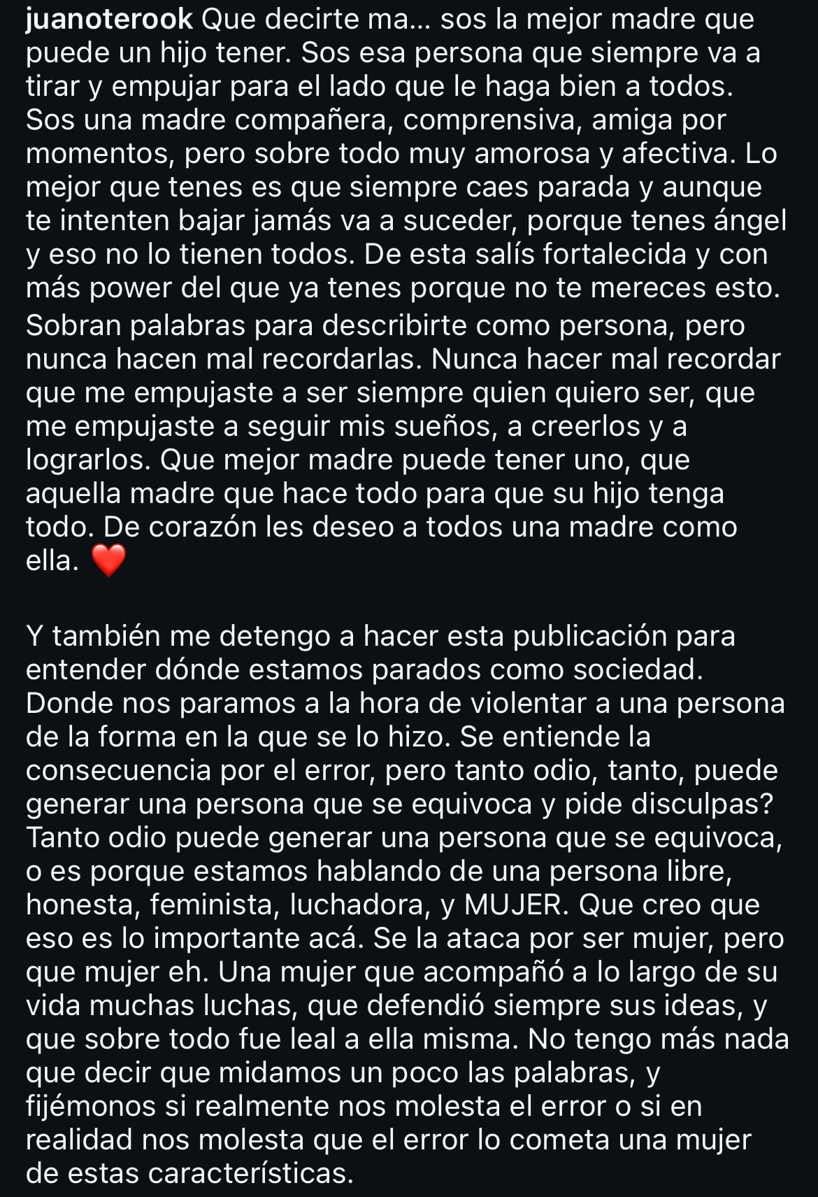 Juan Otero compartió un extenso texto en alusión a las críticas que recibió su madre