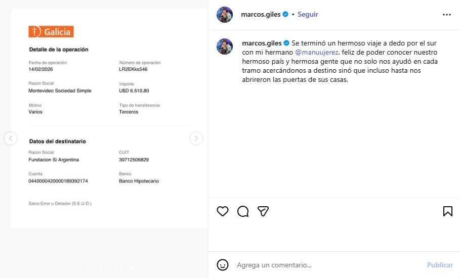 El influencer compartió una imágen del comprobante de transferencia a Fundación Si Argentina
(Foto: @marcos.giles)