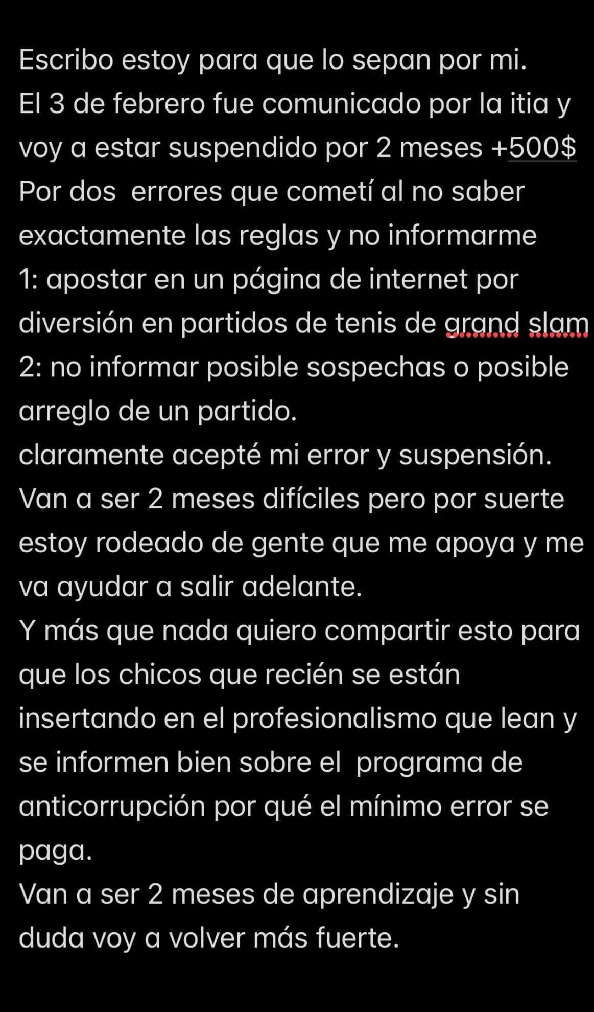 El posteo de Hernán Casanova reconociendo el error cometido