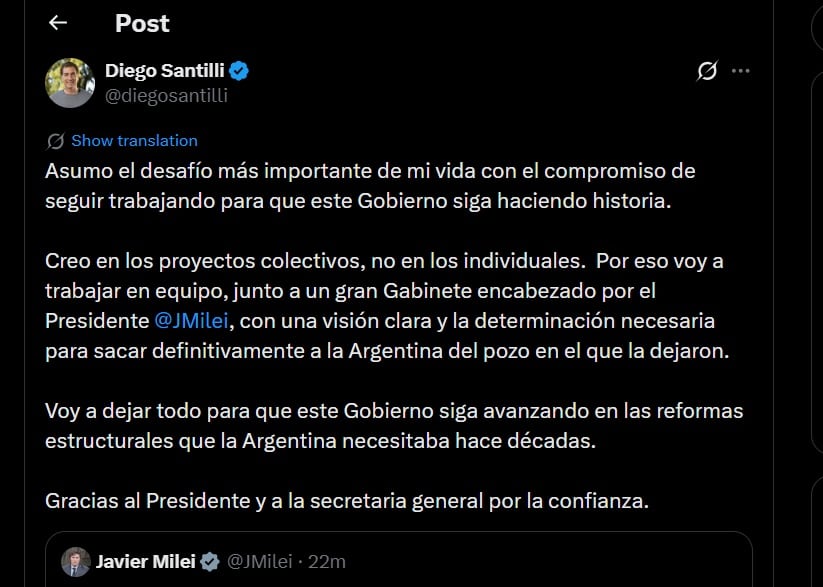 Diego Santilli agradeció a Milei y a su hermana Karina la designación como jefe de Gabinete