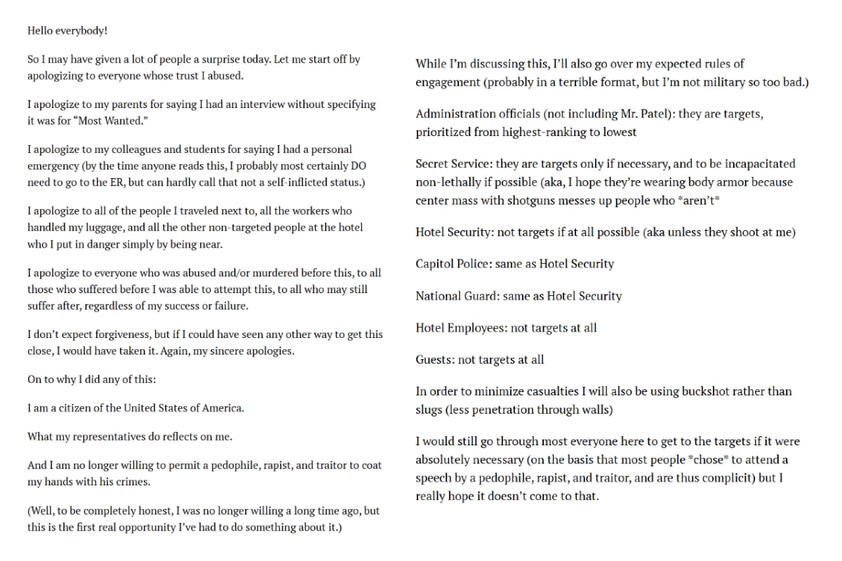 El manifiesto que Cole Allen envió a su familia antes de abrir fuego en la gala que encabezó Trump 5 El manifiesto que Allen envió a su familia poco antes de abrir fuego en el Washington Hilton, en un intento de ataque contra el presidente Donald Trump