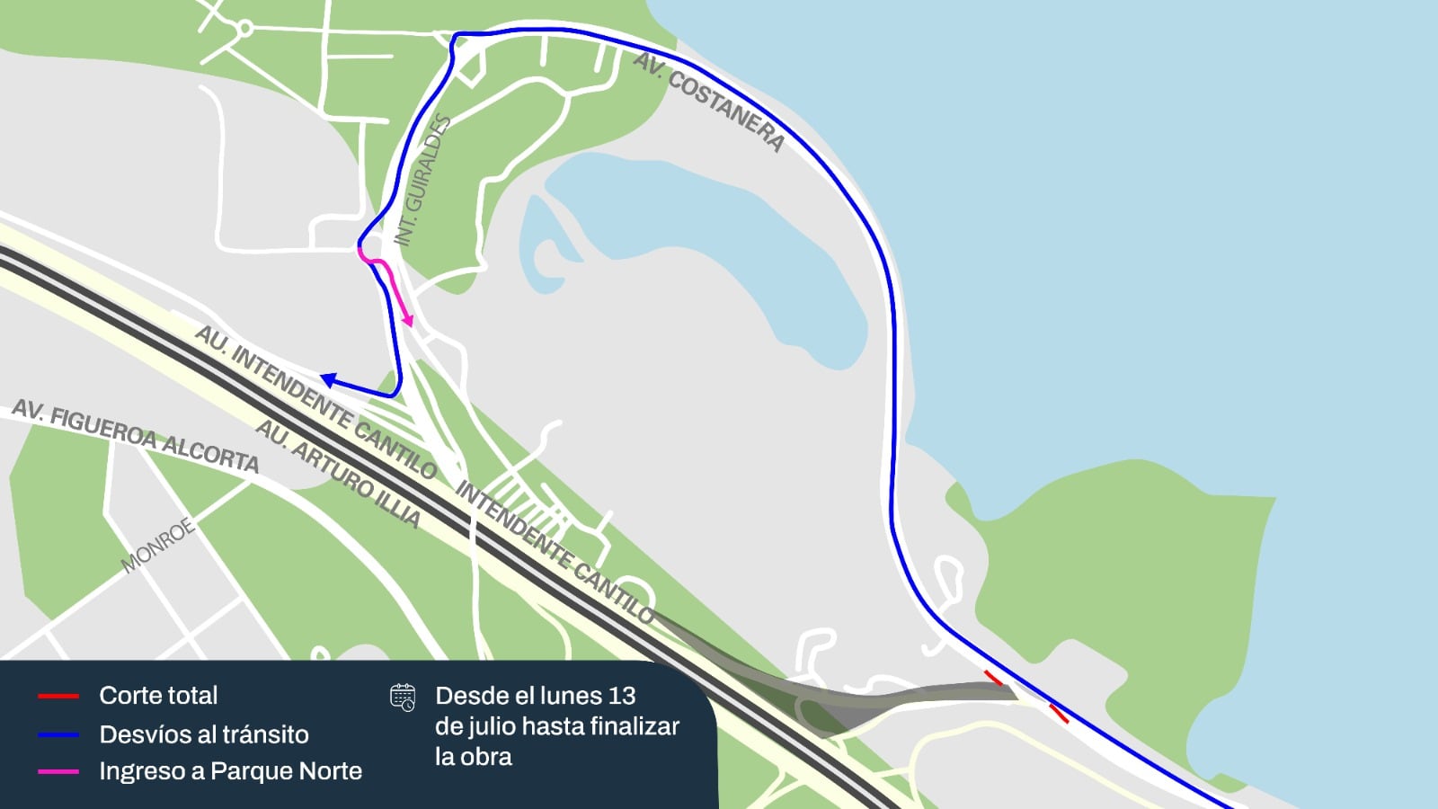 Plano de desvíos por la interrupción de la colectora de la avenida Cantilo