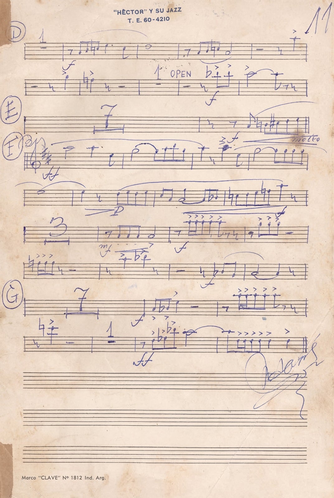 Partes manuscritas por Martin Darré para Héctor y su jazz.