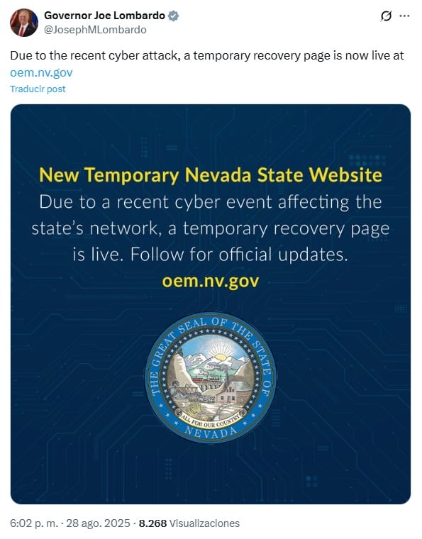 El gobierno de Nevada tuvo que crear una página oficial temporal durante en ciberataque (X/@JosephMLombardo)
