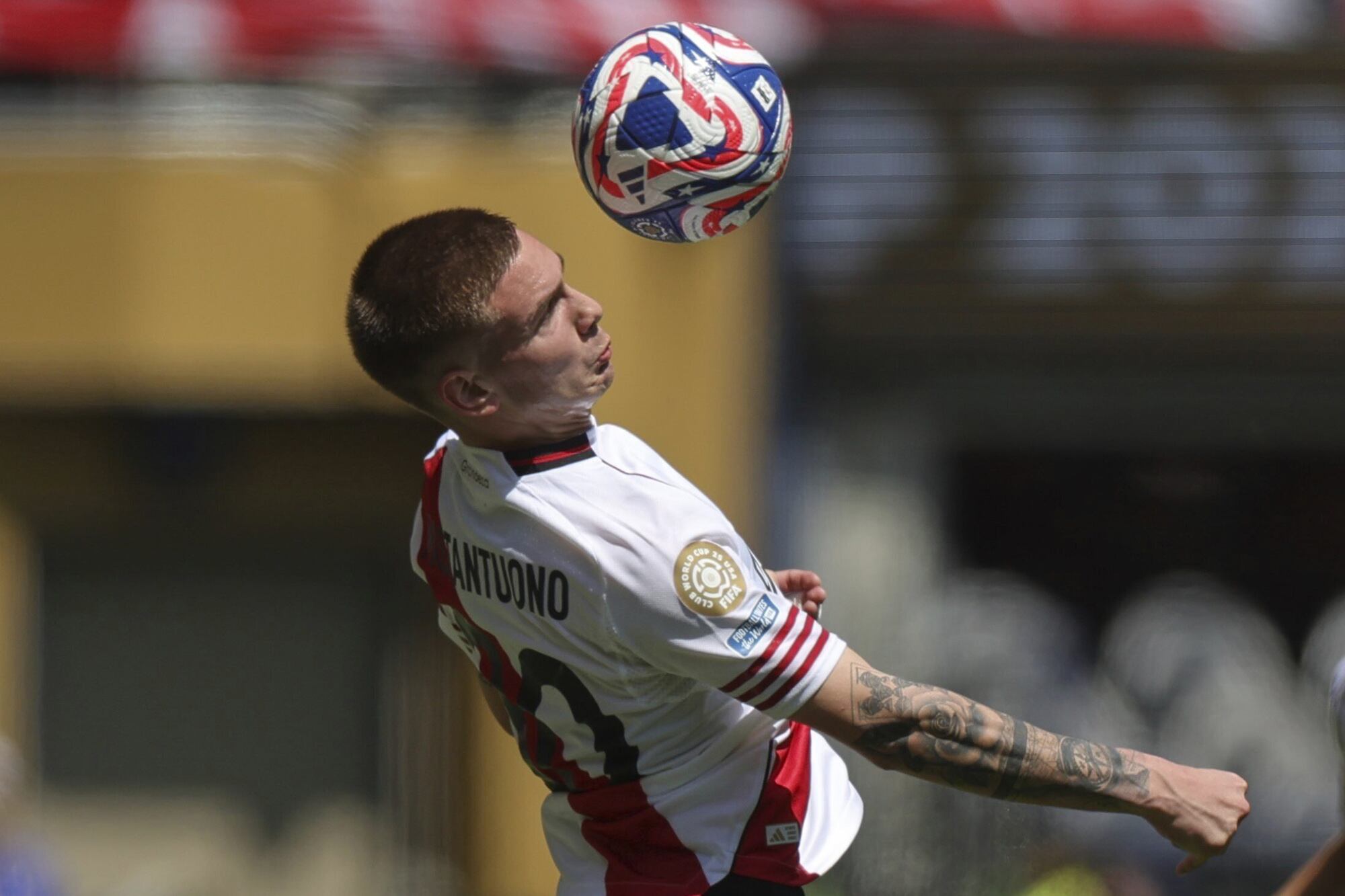 River Plate's Franco Mastantuono tries to control the ball during the Club World Cup group E soccer match between River Plate and Urawa Red Diamonds in Seattle, Tuesday, June 17, 2025. (AP Photo/Ryan Sun)