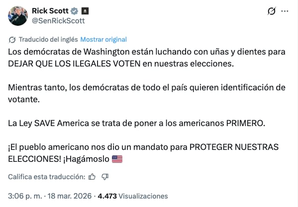 El senador Rick Scott insistió en la aprobación de la Ley Save America