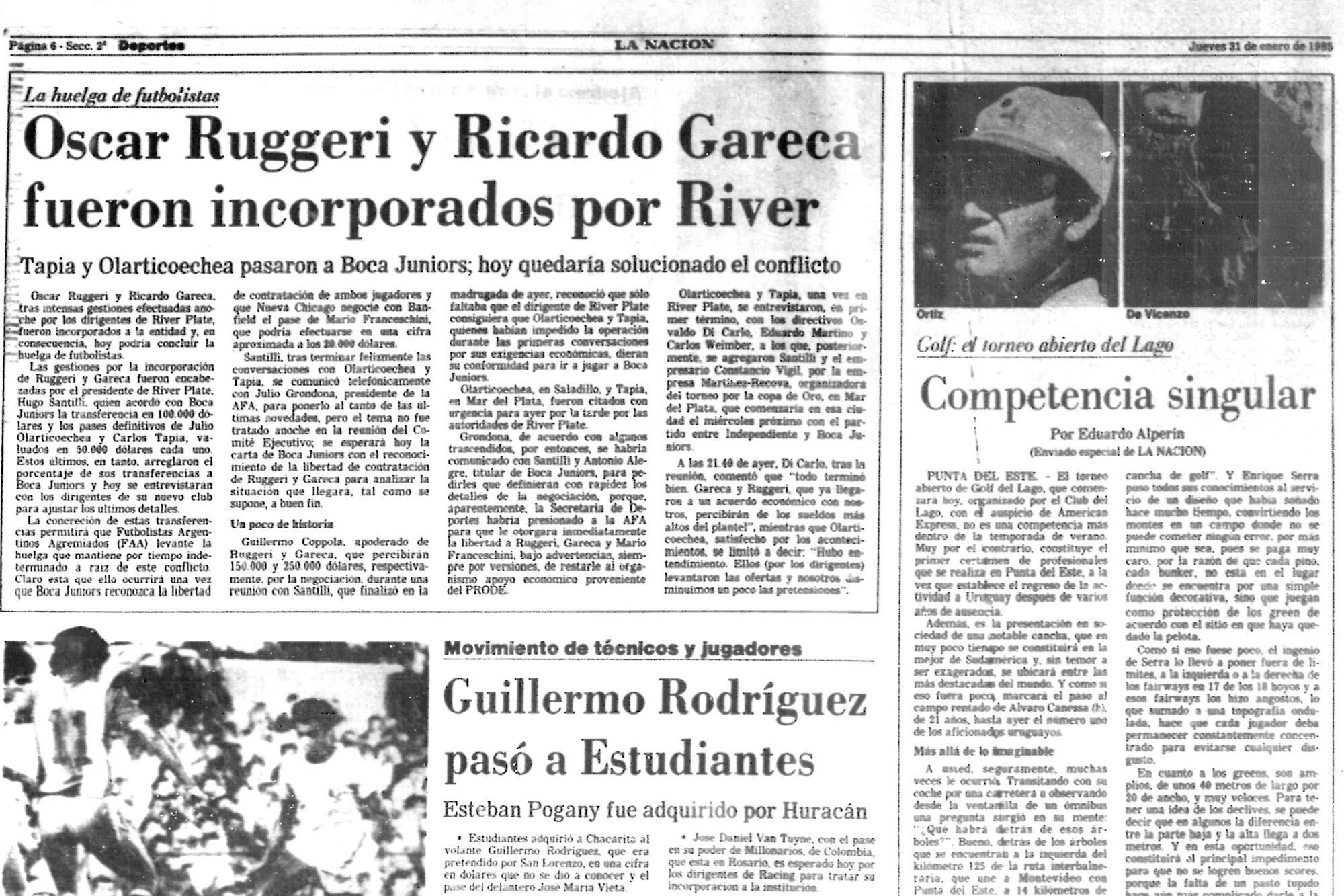 El diario LA NACION anuncia el traspaso de Ruggeri y Gareca a RIver en su edición del 31 de enero de 1985
