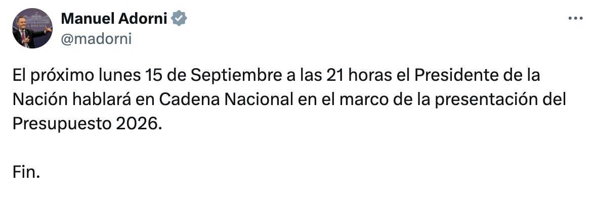 Manuel Adorni anunció el horario de la cadena nacional, con el fin de comunicar el Presupuesto 2026