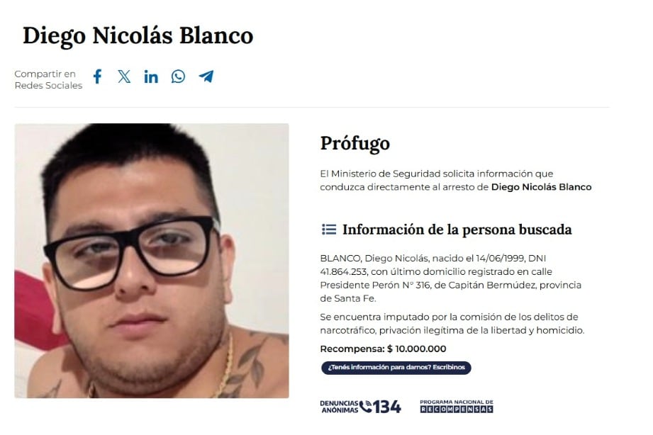 El anuncio oficial de la recompensa ofrecida por el prófugo Diego Nicolás