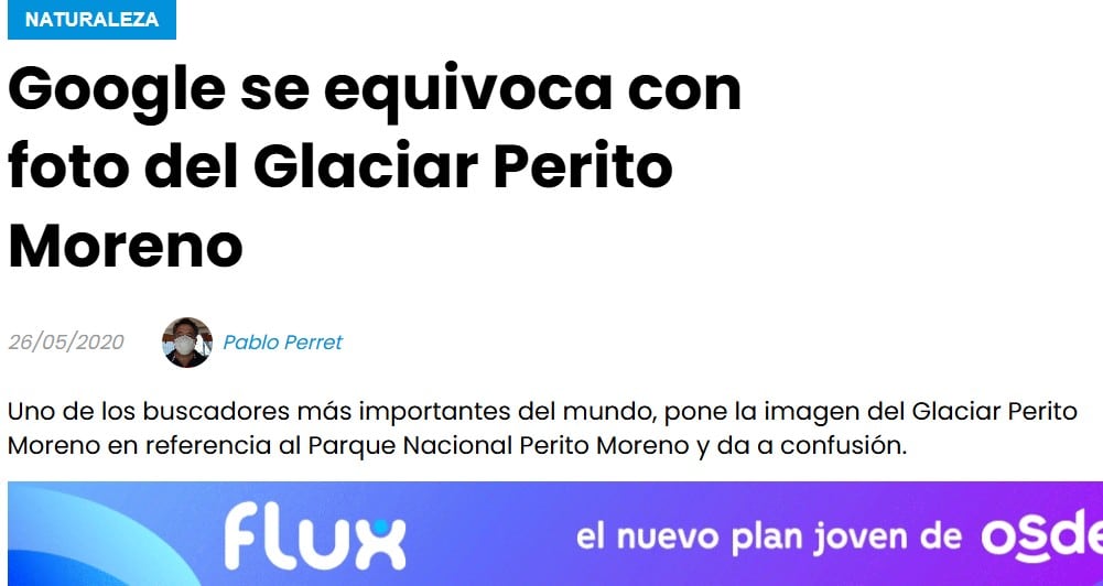 El sitio ahoracalafate.com ya denunció el error de google en 2020