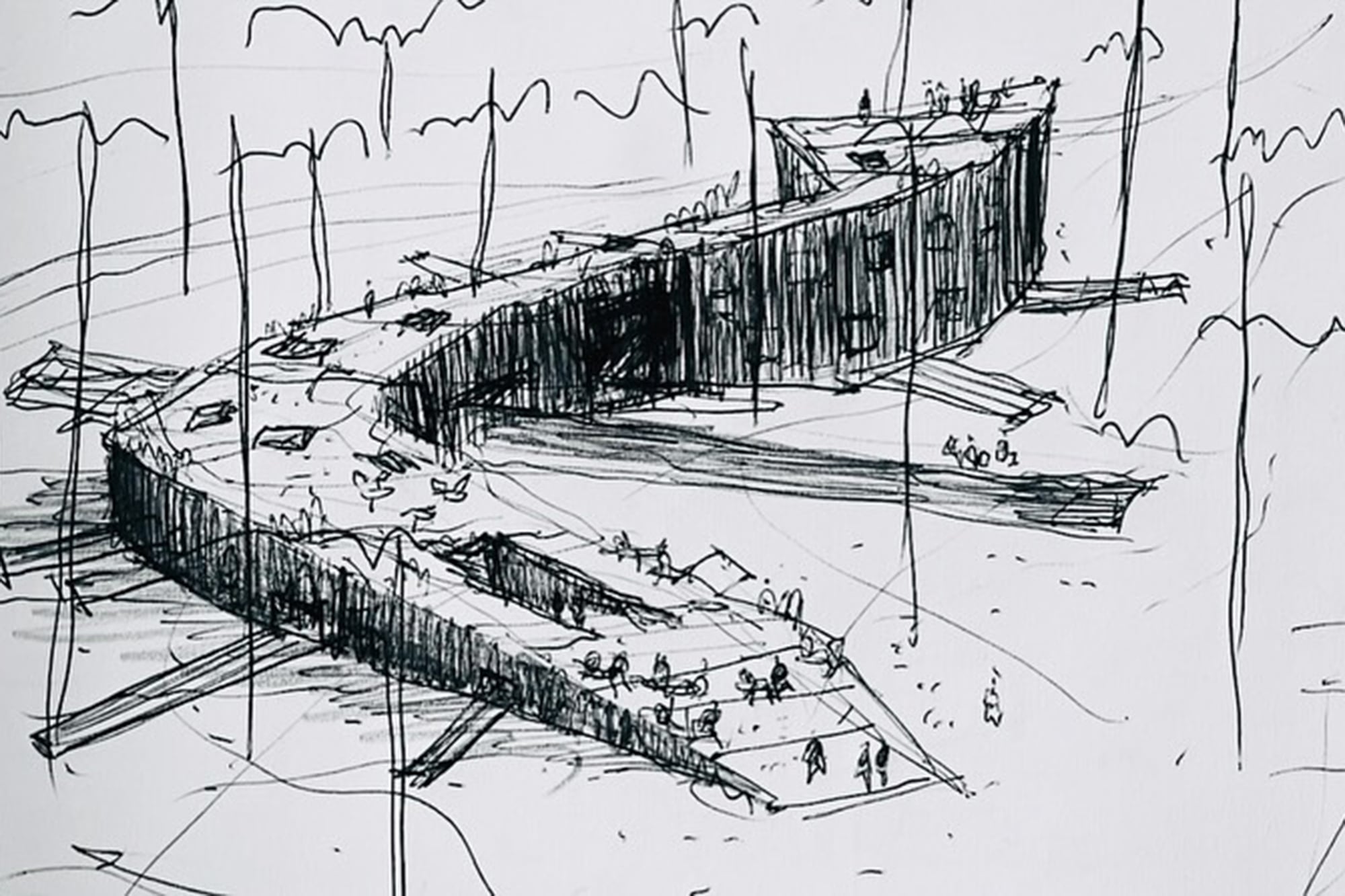 El hotel tiene una estructura en zigzag imitando “un bicho que se va metiendo en el bosque esquivando árboles”