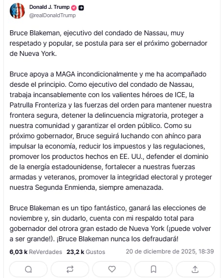 Trump anunció su respaldo a Blakeman al remarca que apoya el movimiento MAGA