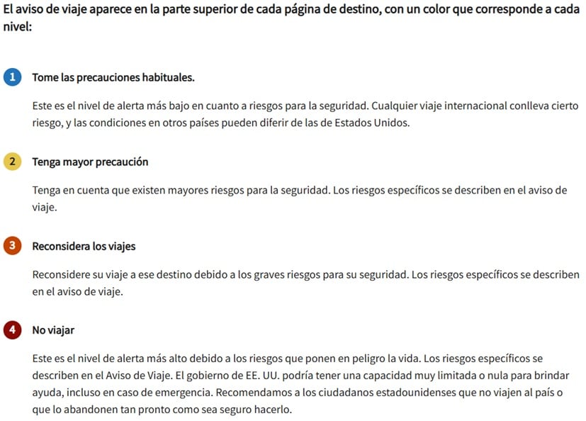 “Sus derechos no viajan con usted”: Estados Unidos insta a sus ciudadanos a evitar viajar a estos países 7 Cuadro con los niveles de alerta del Departamento de Estado de EE.UU.