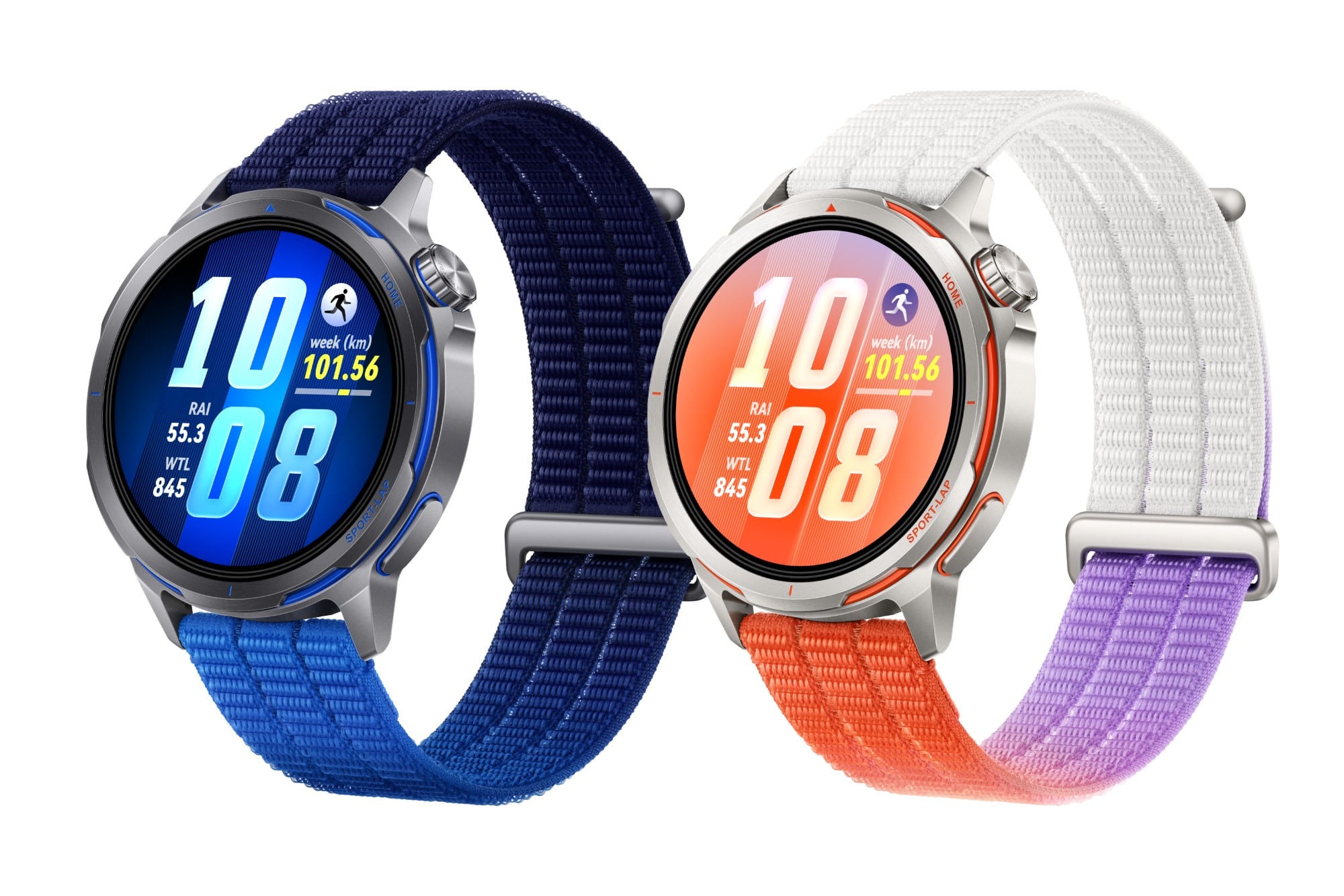 Dos de los colores del reloj deportivo Huawei Watch GT Runner 2, con caja de titanio y pantalla de 1,3 pulgadas