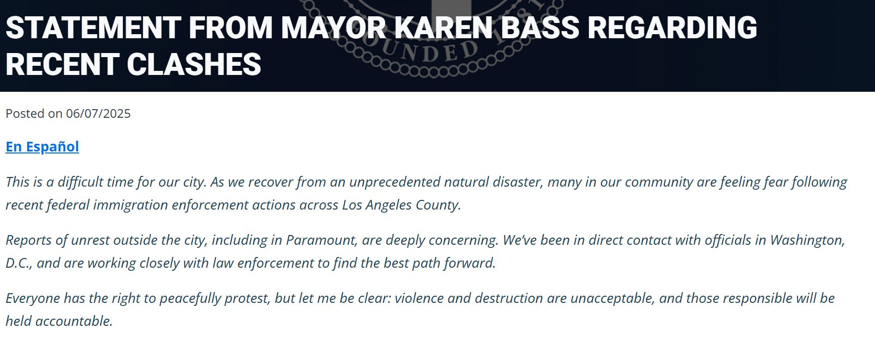 El comunicado oficial de la alcaldesa Karen Bass sobre las manifestaciones en Los Angeles