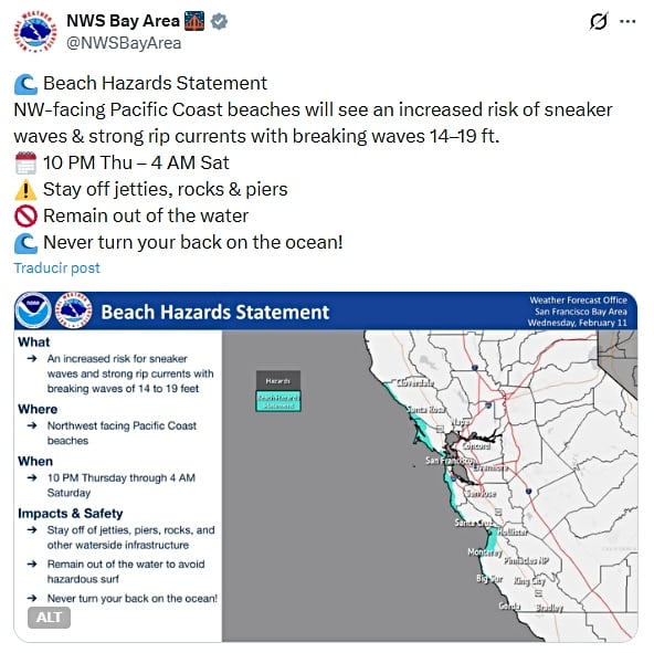 El NWS recomienda mantenerse alejado de embarcaderos, rocas y muelles