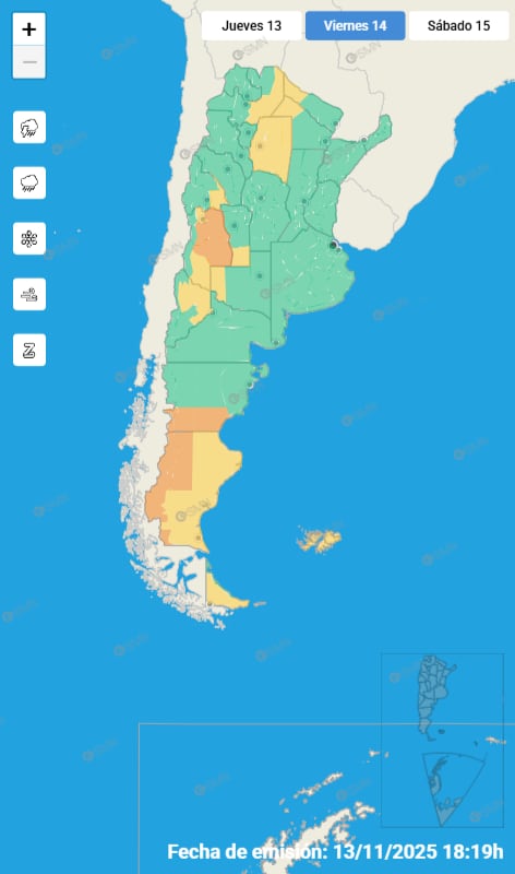 Mapa de alertas para este viernes 14 de noviembre