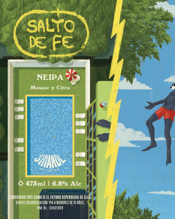 “Salto de fe”, otra NEIPA, recupera en su etiqueta la imagen de Charly García tirándose a una pileta en Mendoza