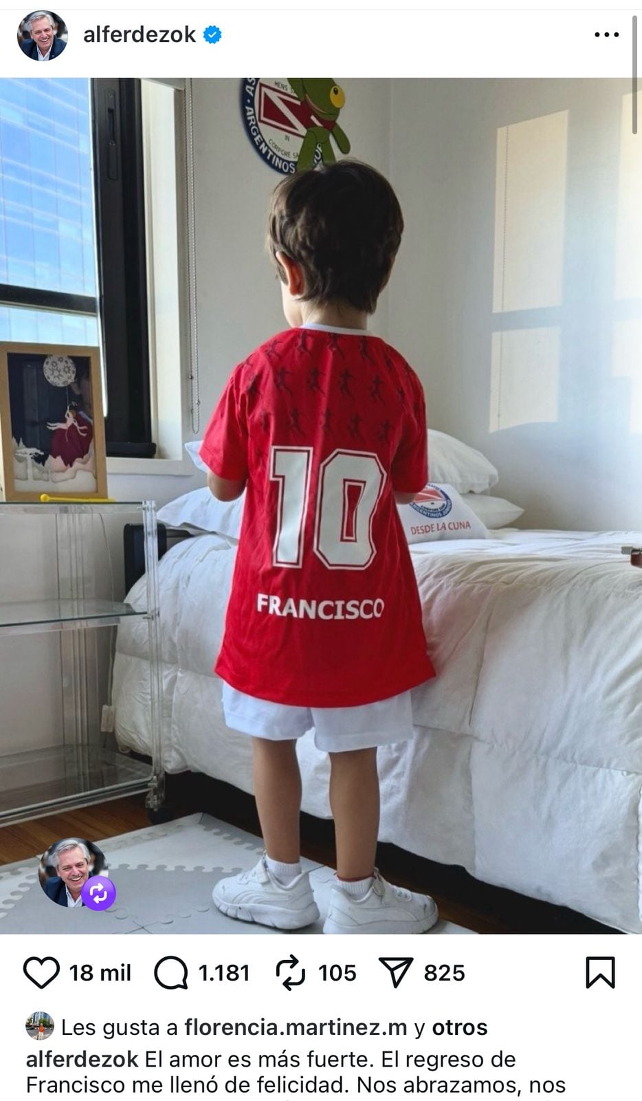 El posteo de Alberto Fernández con la foto, de espaldas, de su hijo Francisco