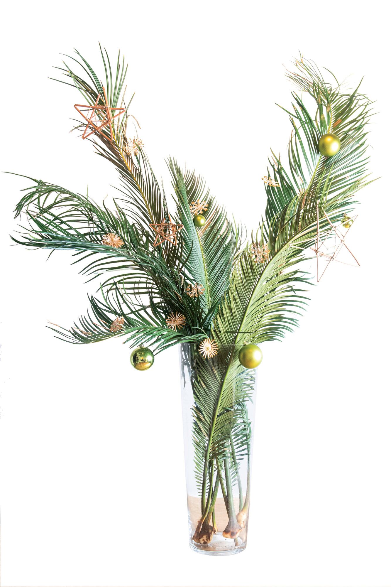 Idea fácil: árbol armado en florero alto con hojas de poda de Cycas revoluta y con detalles navideños. La longitud de sus ramas es ideal. De larga duración en el agua, estas ramas van de 80 cm a 1,30 m. Los detalles pueden ser estrellas de papel dorado, piñas, etc.