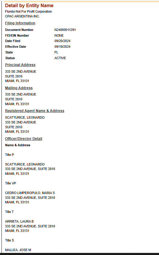 El registro oficial del Estado de Florida donde figura la creación de CPAC Argentina Inc., a nombre de Leonardo Scatturice