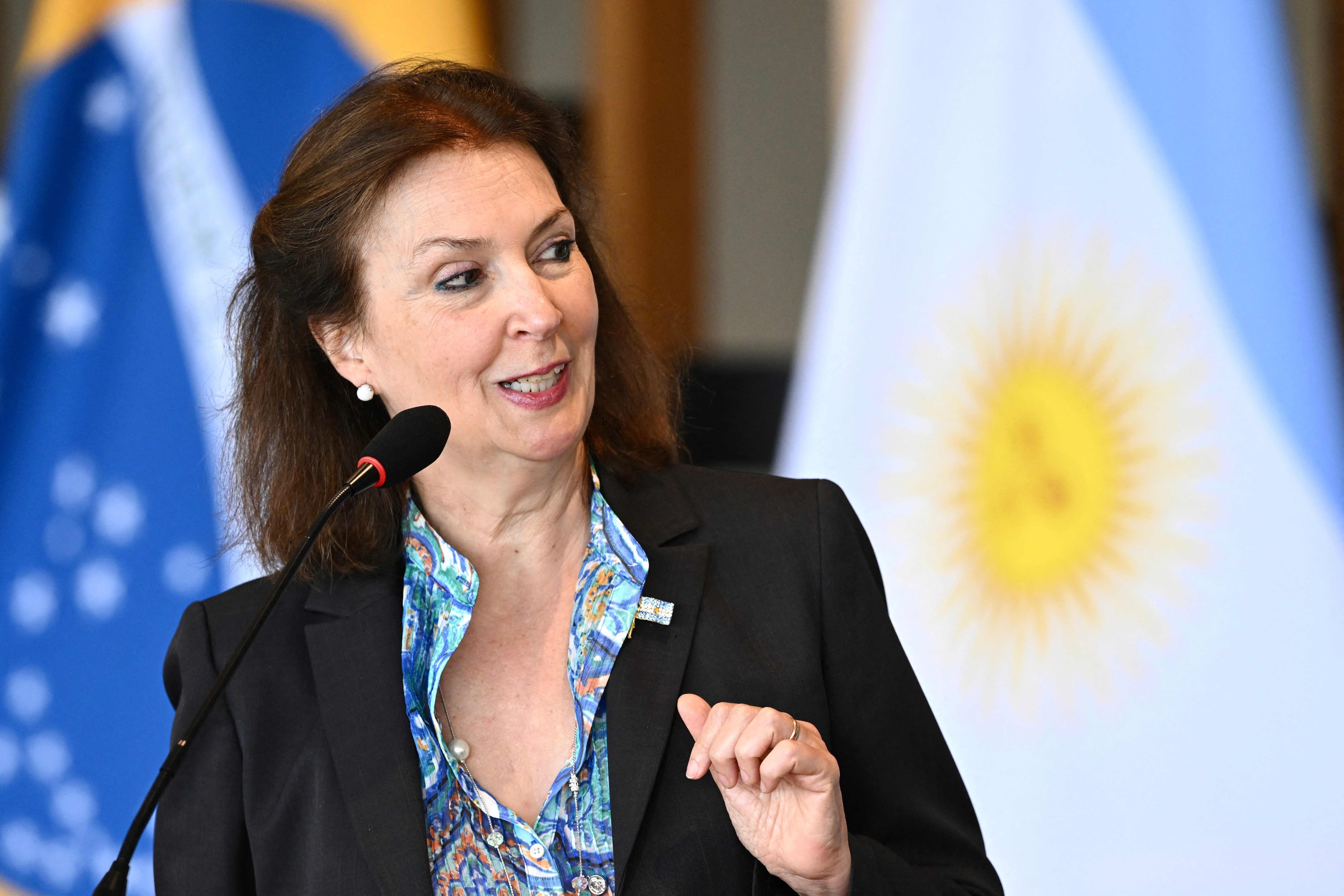 Argentina's Foreign Minister Diana Mondino makes a statement beside her Brazilian counterpart Mauro Vieira (out of frame) at the Itamaraty Palace in Brasilia on April 15, 2024. (Photo by EVARISTO SA / AFP)
