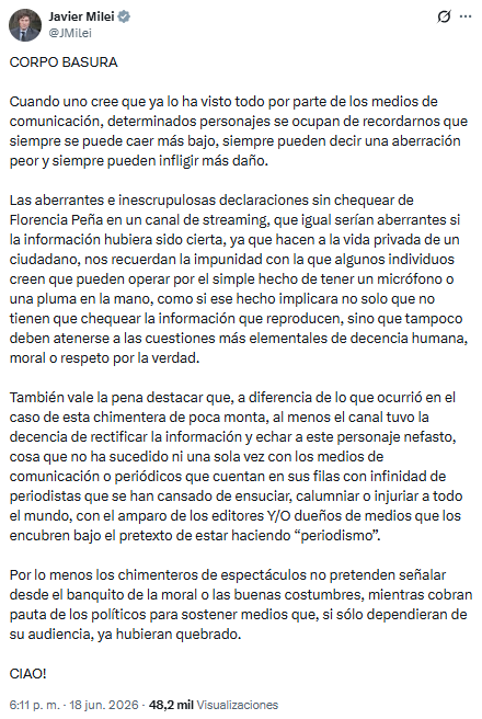 El extenso descargo de Javier Milei sobre Florencia Peña (Foto: Captura X)