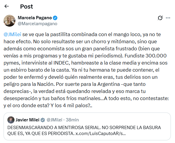 Pagano cruzó a Caputo y Milei en X