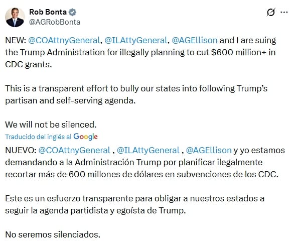 California y otros estados demandan a la administración Trump por recortes en fondos de salud