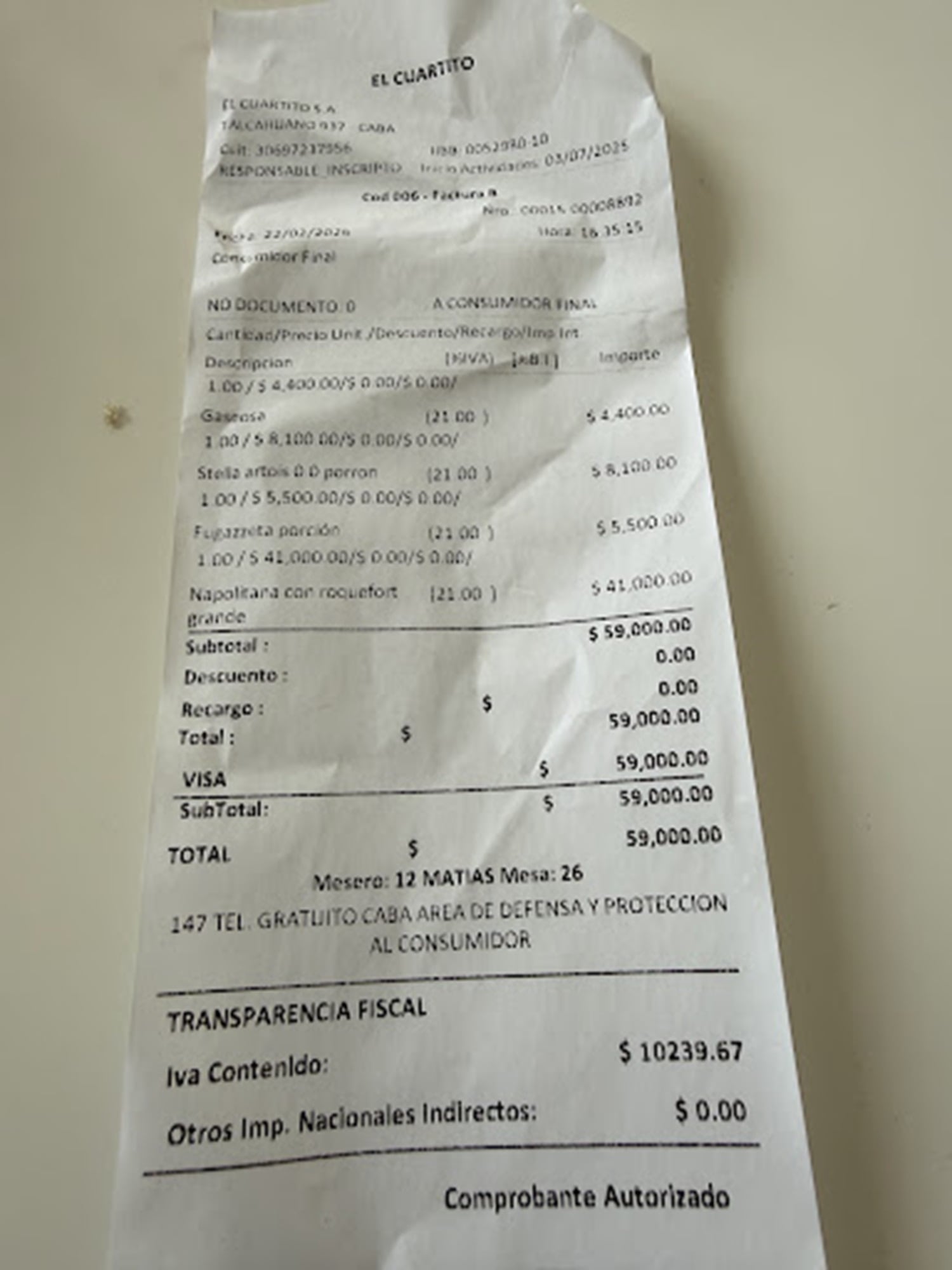 El ticket de El Cuartito fue motivo de debate en redes sociales