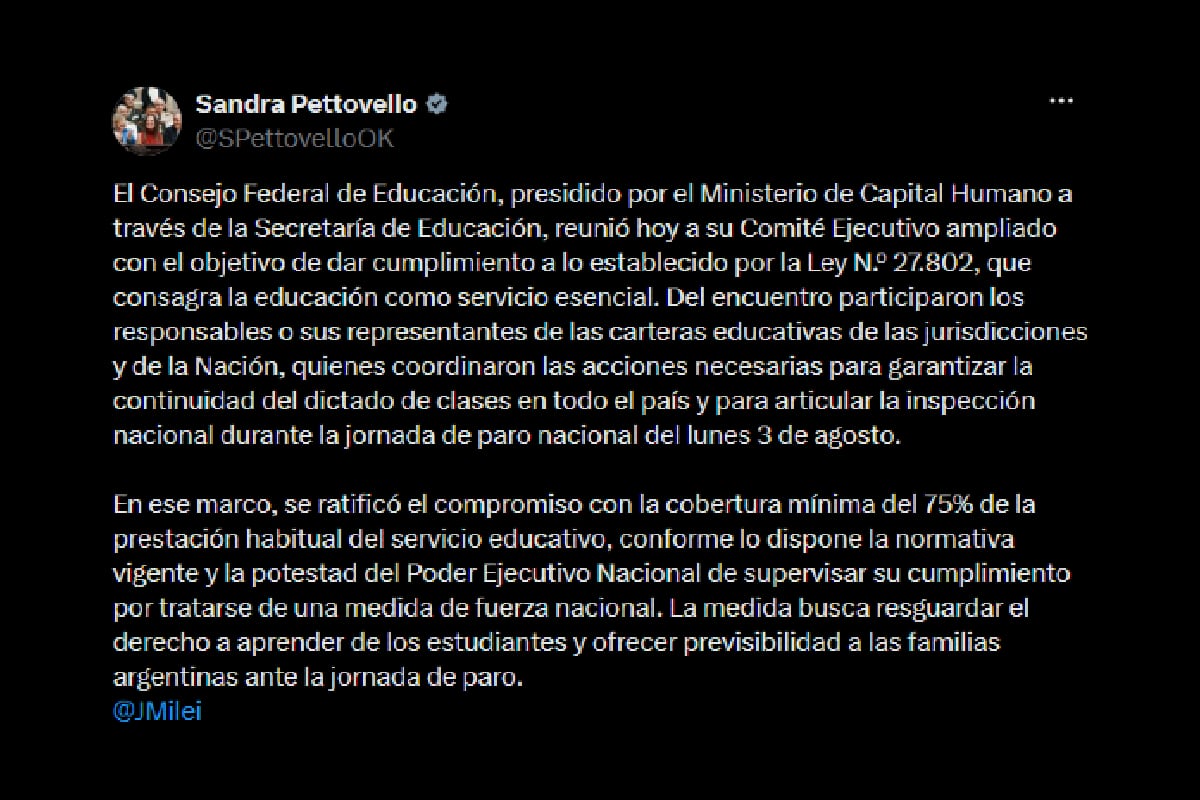 El último posteo de Sandra Pettovello respecto del paro nacional del lunes 3 de agosto