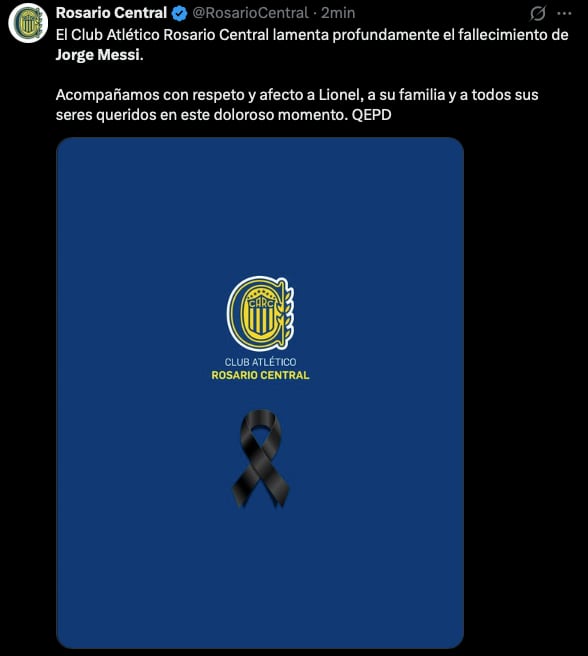 El mensaje posteado por la cuenta de Rosario Central