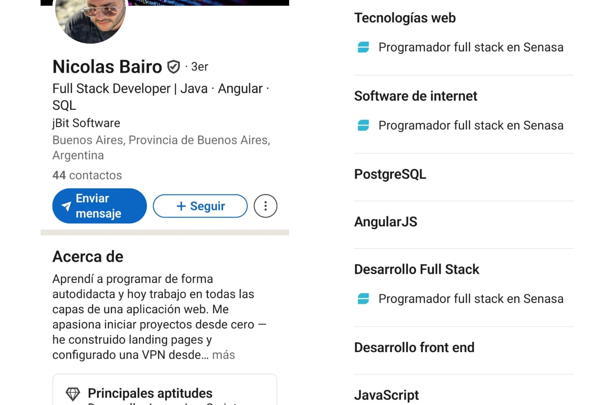 Nicolás Bairo en sus redes sociales figuraba como programador full stack del Senasa
