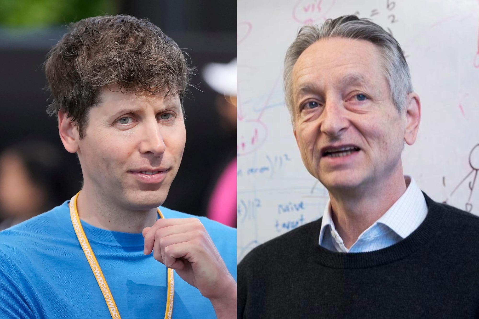 Sam Altman, el CEO de OpenAI (izq.) y el premio Nobel Geoffrey Hinton (der.) también advirtieron sobre el posible impacto negativo que tendrá la IA generativa en el futuro cercano