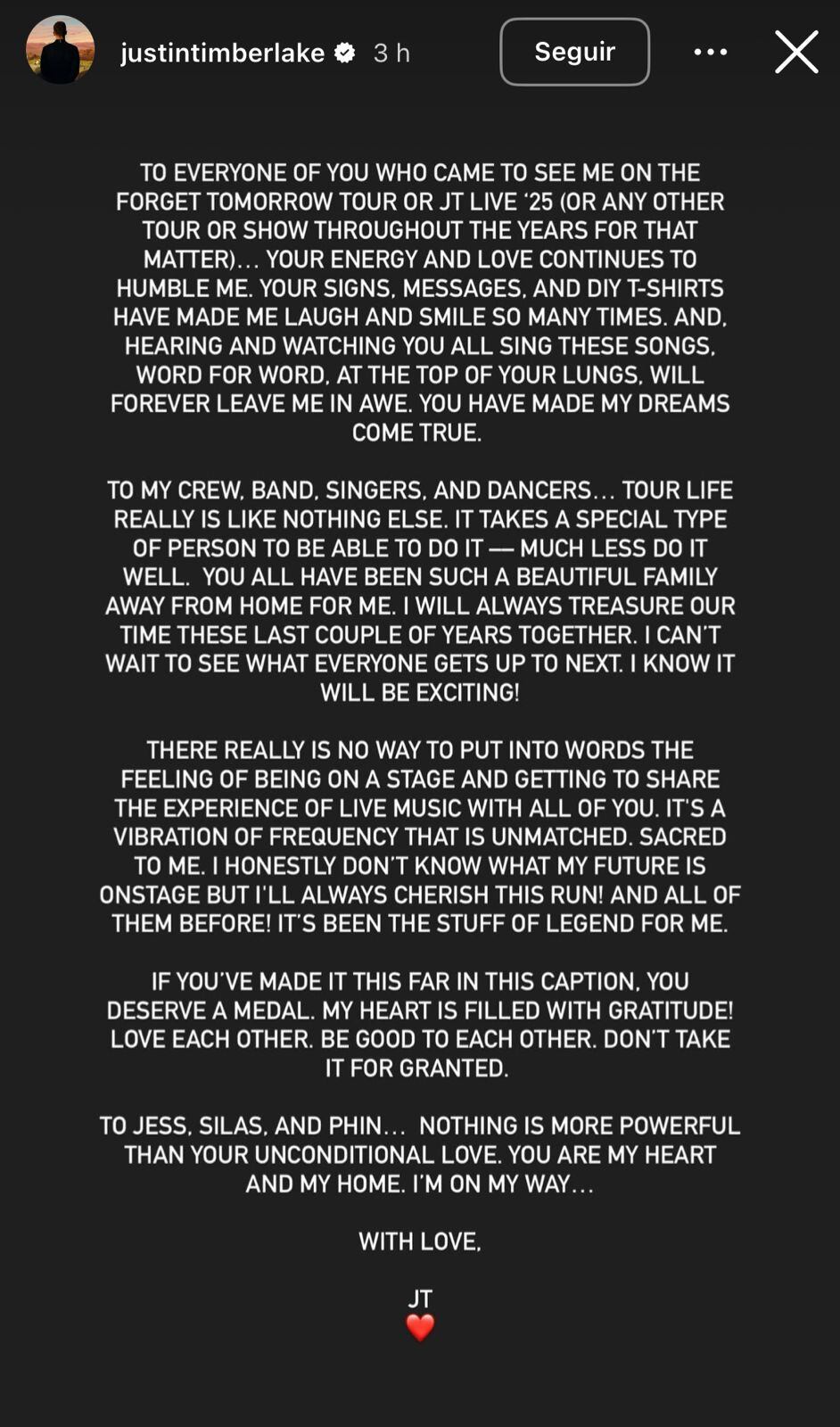 Justin Timberlake anunció en sus redes sociales que padece la enfermedad de Lyme y que se alejará de los escenarios para enfocarse en su salud (Instagram: @justintimberlake)