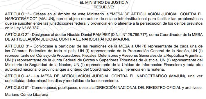 Resolución que reglamenta la creación de una mesa de articulación para el narcotráfico