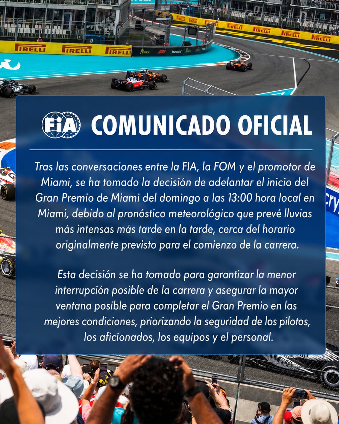 El comunicado de FIA anunciando el cambio de horario del GP de Miami