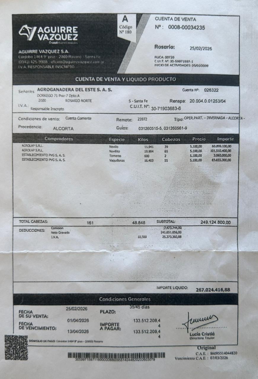 Liquidación de la consignataria Aguirre Vázquez S.A., fechada el 25 de febrero de 2026, que detallaría la venta de 161 bovinos por $267.024.416,88 a nombre de Agroganadera del Este S.A.S