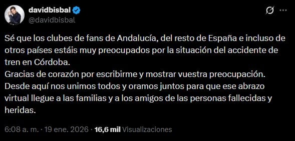 David Bisbal también se expresó vía X sobre el descarrilamiento