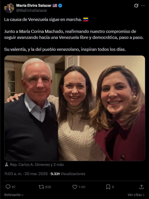 María Elvira Salazar compartió su encuentro con María Corina Machado en redes sociales