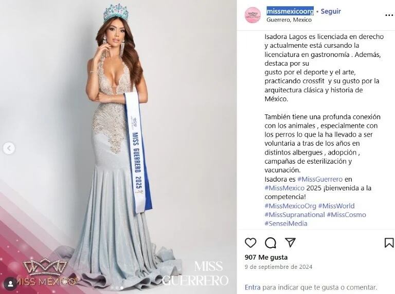 Isadora Lagos fue nombrada Miss Guerrero en 2024 y participaría en el certamen de belleza nacional este 2025 (Instagram/@missmexicoorg)
